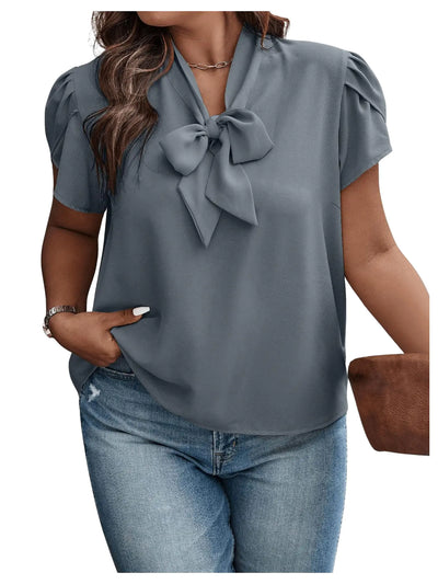 Dusty Blue Bow Tie Neck Blouse Plus Size