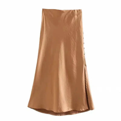 Ladies Buttoned Slit Satin Skirt